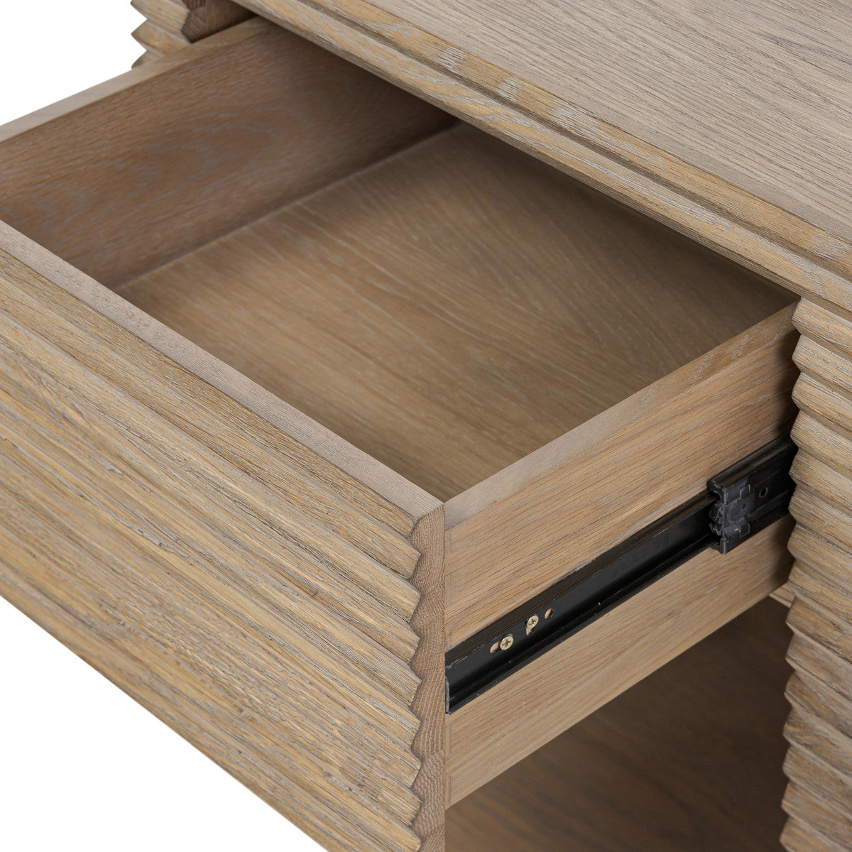 Modern Wooden Nightstand with Ribbed Drawer and Visible Grain