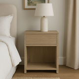 Oak Veneer Bedside with Ribbed Panels and Open Cubby Hole
25kgs