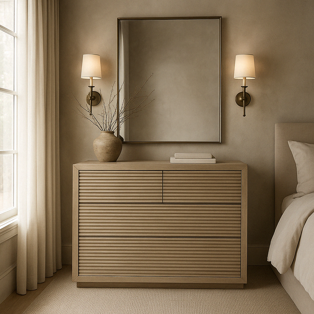 A brown ribbed oak chest of drawers with four soft-close push drawers, placed in a bedroom setting with a mirror above it and two lamps on either side.