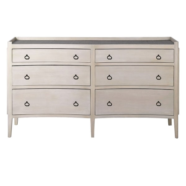 Whitewashed durian wood chest of six drawers with black drop handles