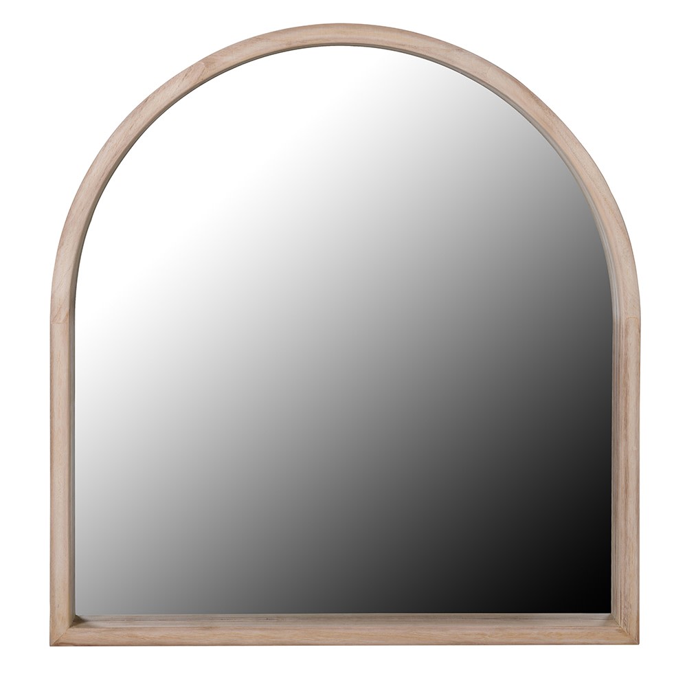 Arch-shaped mirror with a wooden frame on a white background