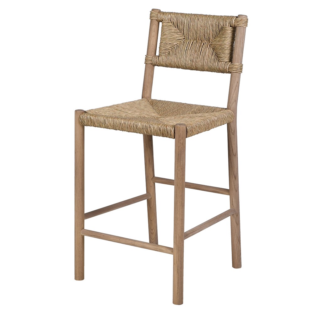 Rustic woven seagrass bar stool with solid wood frame angled view