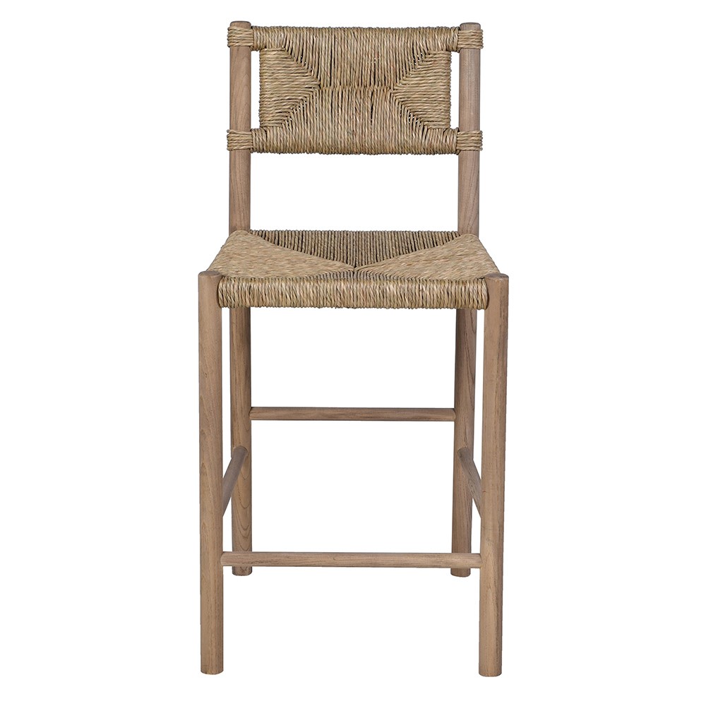 Front view of woven seagrass bar stool with wooden legs