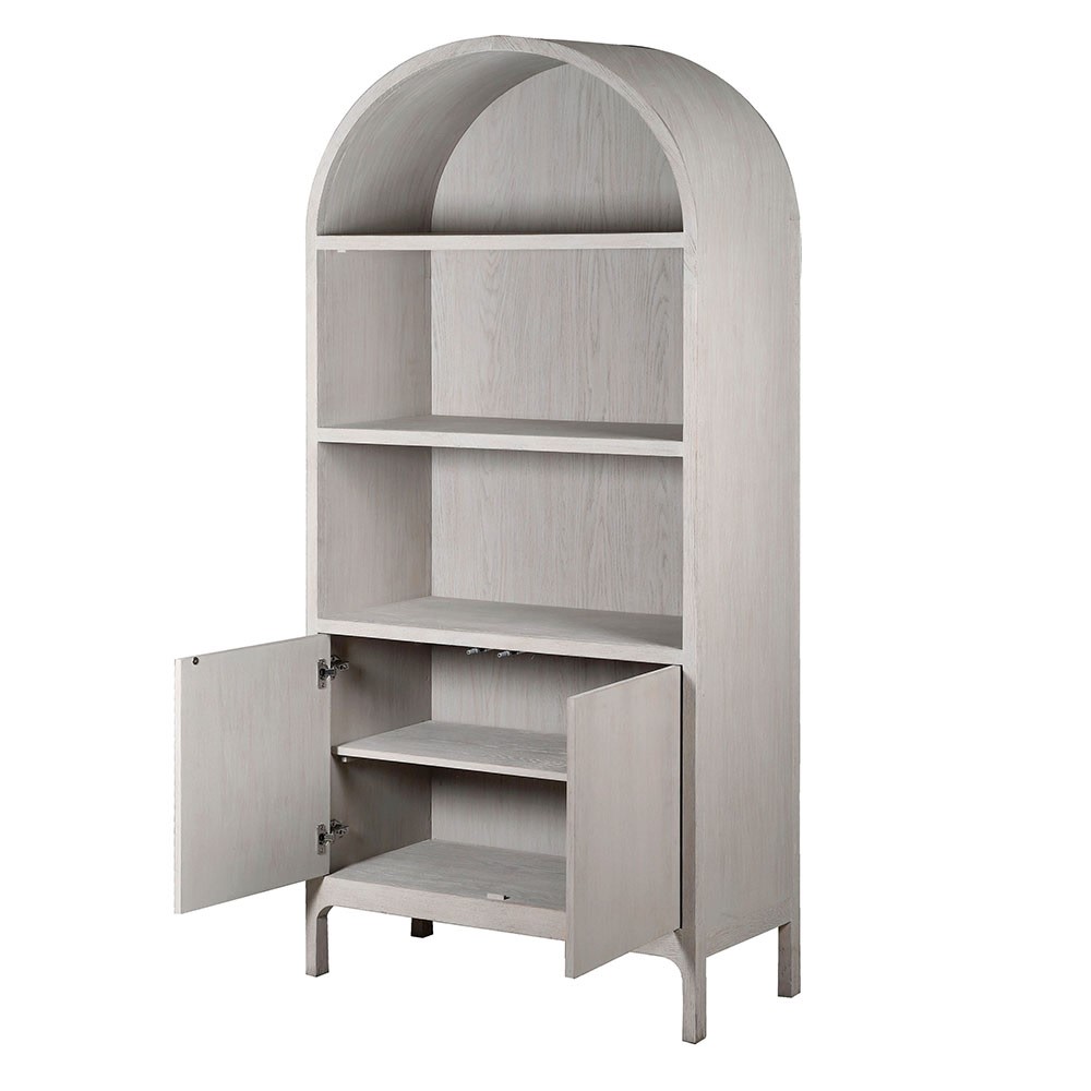 Oak arched cabinet with two shelves and a cupboard