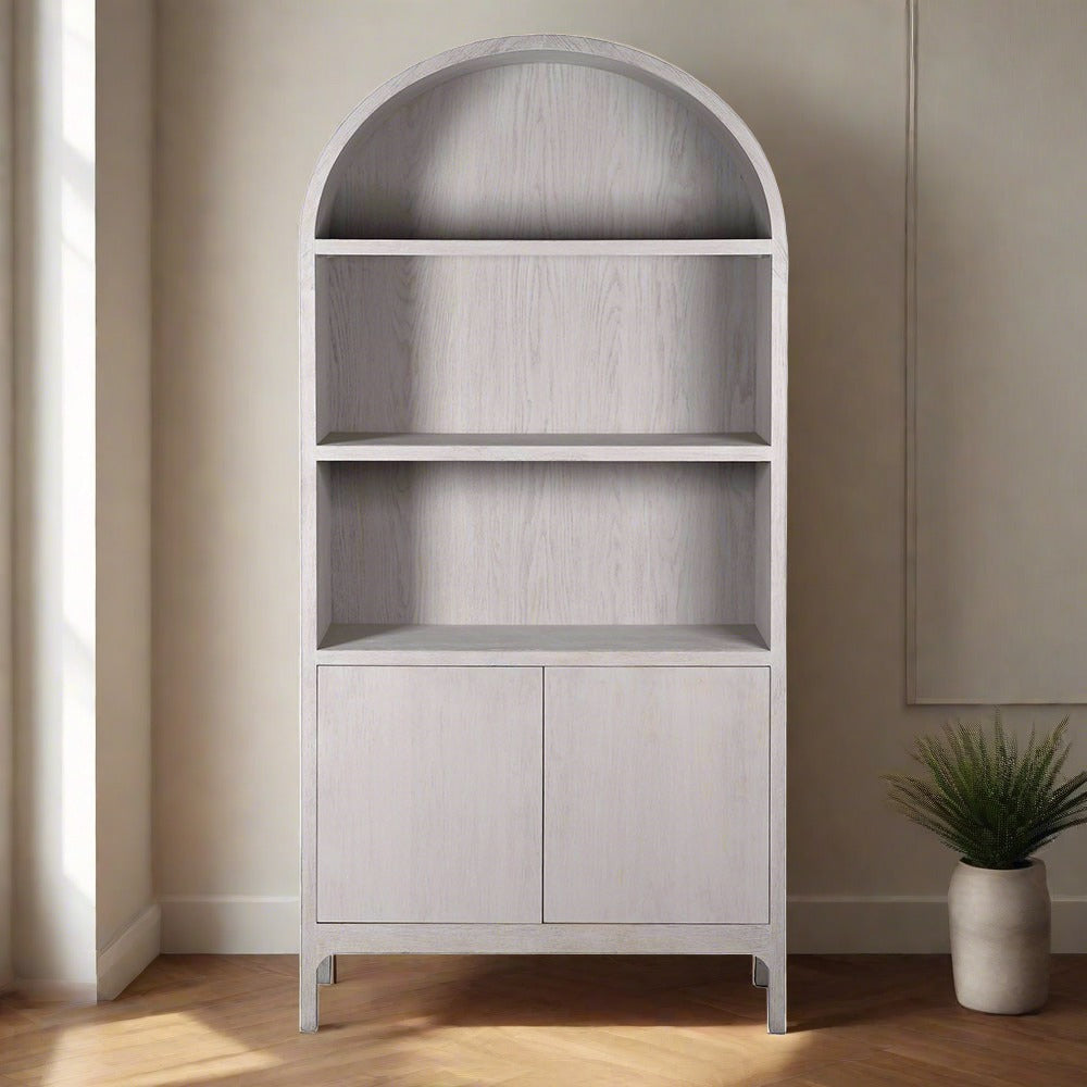 Oak arched cabinet with two shelves and a cupboard
