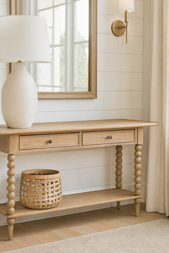 A light oak console table with turned legs stands against a white shiplap wall in a bright living room. Above it hangs a matching wood-framed mirror, flanked by two brass wall sconces with white shades. On the table sits a large cream ceramic lamp with a white shade, while a woven basket rests on the lower shelf. To the right, long beige linen curtains frame a large window letting in natural light, and light wood flooring completes the airy, neutral-toned space.