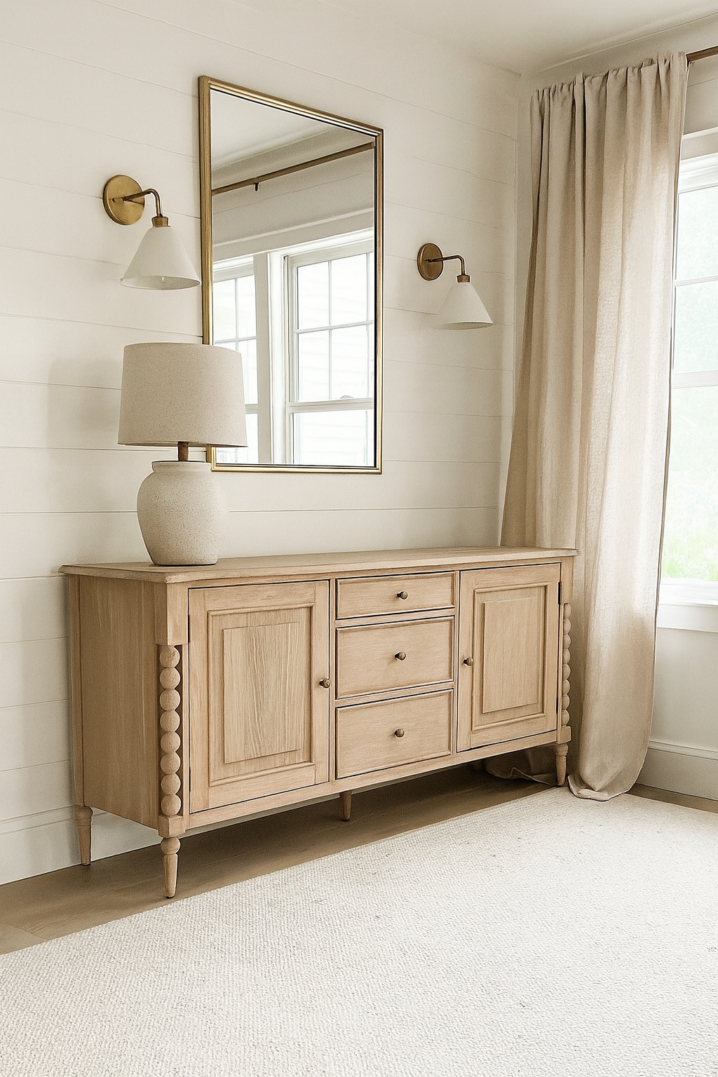 A light oak sideboard with panelled doors and three central drawers sits against a white shiplap wall in a bright living room. Above it hangs a large rectangular mirror with a gold frame, flanked by two brass wall sconces with white shades. A neutral ceramic table lamp with a fabric shade rests on the left side of the sideboard. Beige linen curtains hang beside a large window, letting in soft natural light, and a light textured rug covers the wooden floor.
