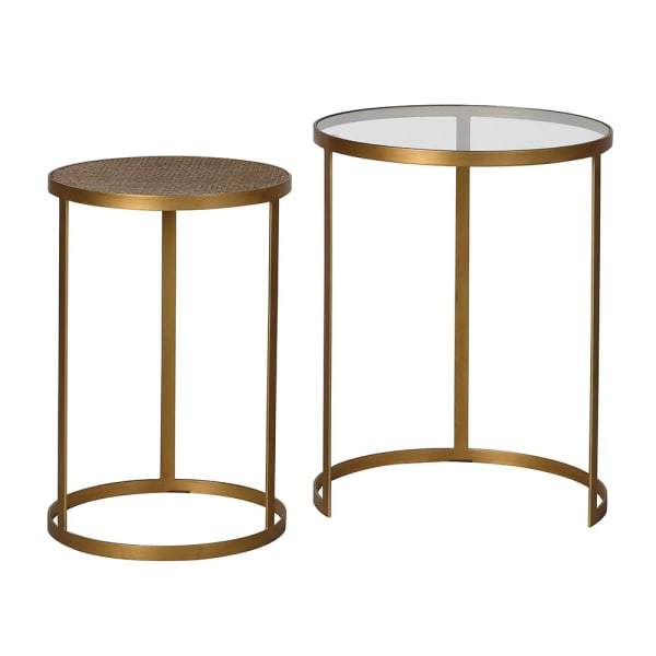 A beautiful set of two nesting tables crafted from Iron and finished in warm gold tones finished with a rattan top in the smaller and glass in the large.