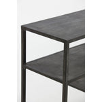 Side view of black console table with shelving