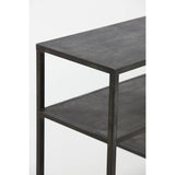 Side view of black console table with shelving