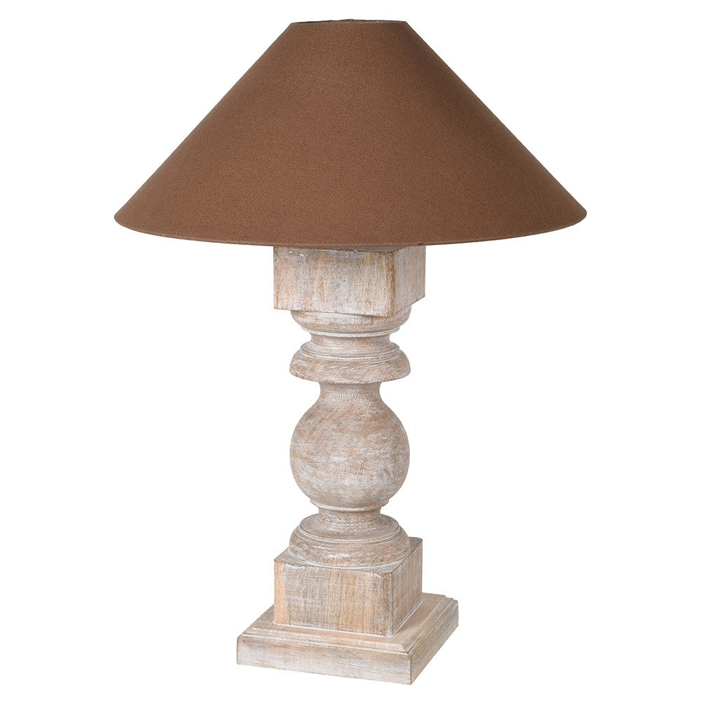 Limewashed Wood Lamp with Brown Coolie Shade