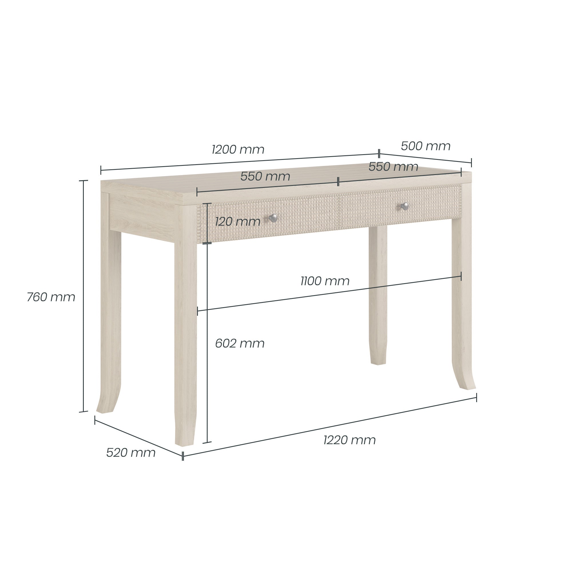 View of table with dimensions. H 760mm W 1220mm D 520mm