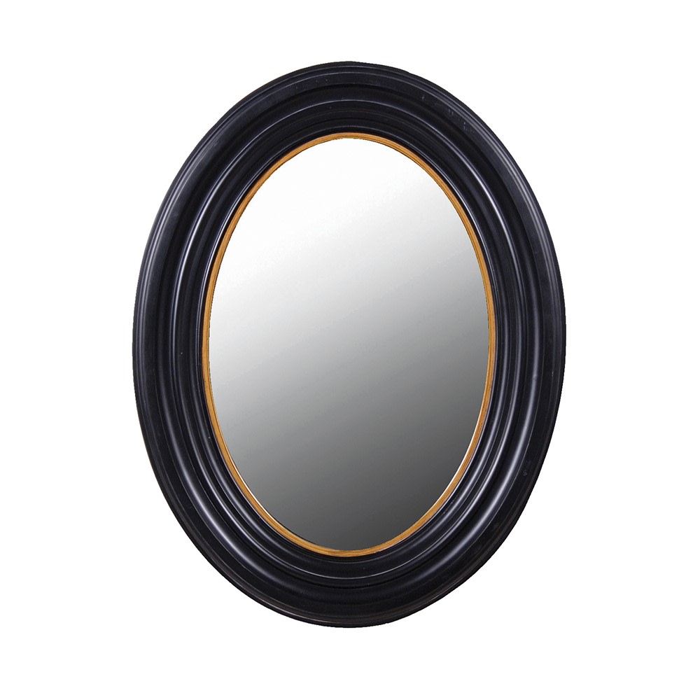 This traditionally styled oval mirror features a black frame with gold inlay.