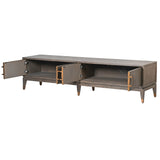 Charles Ted Sloane Modern Oak TV Stand – Low Media Console with Brass Handles and Storage Cabinets