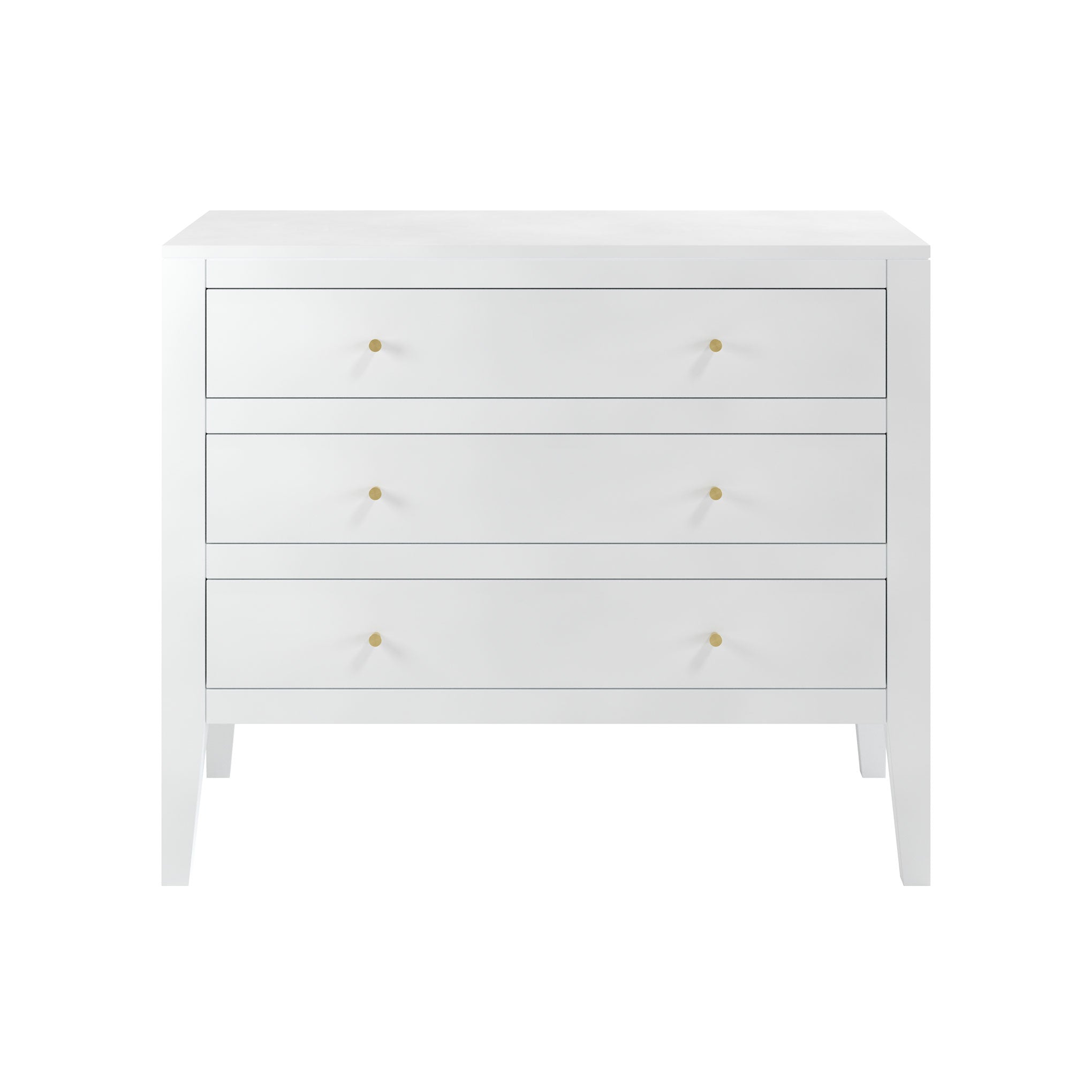 Alton white chest of drawers with three drawers tapered legs brass style handles