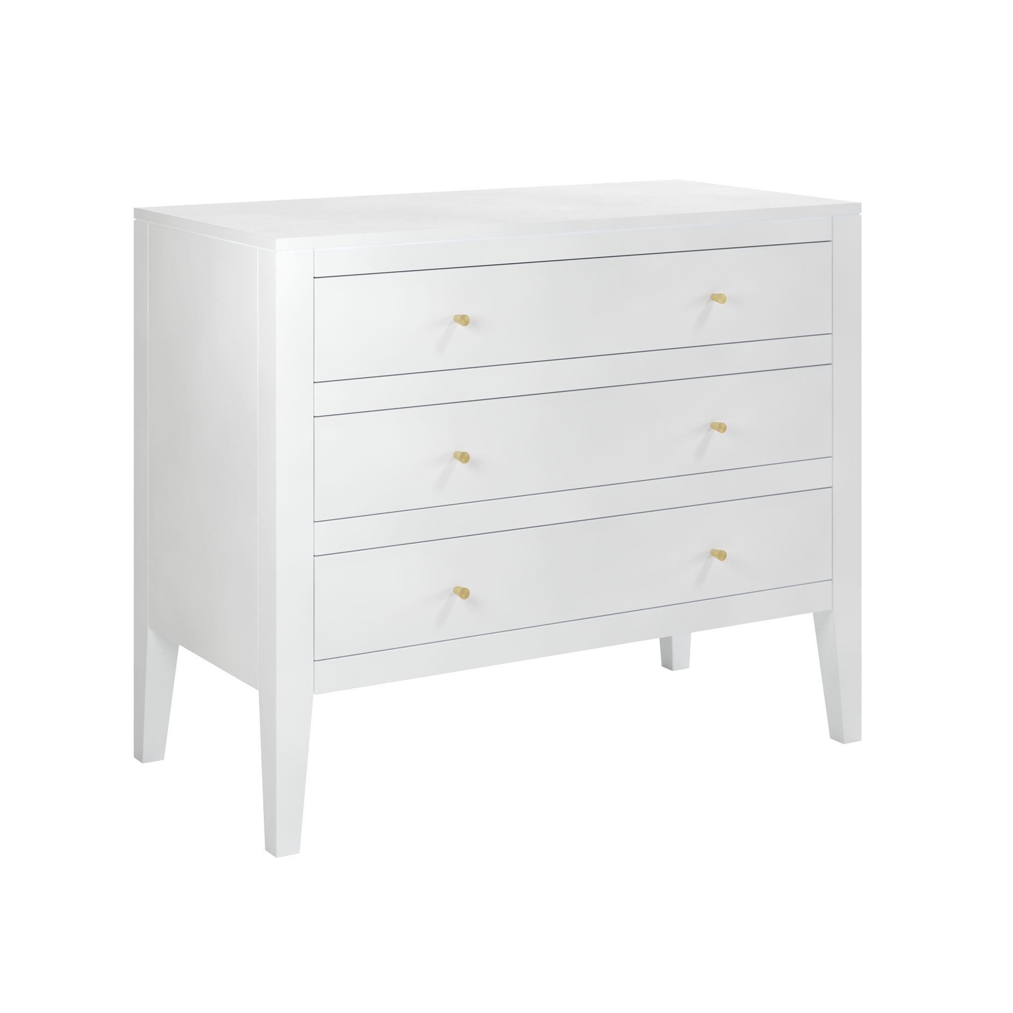 Alton white chest of drawers with three drawers tapered legs brass style handles
