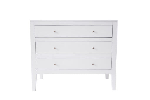 Alton white chest of drawers with three drawers tapered legs brass style handles