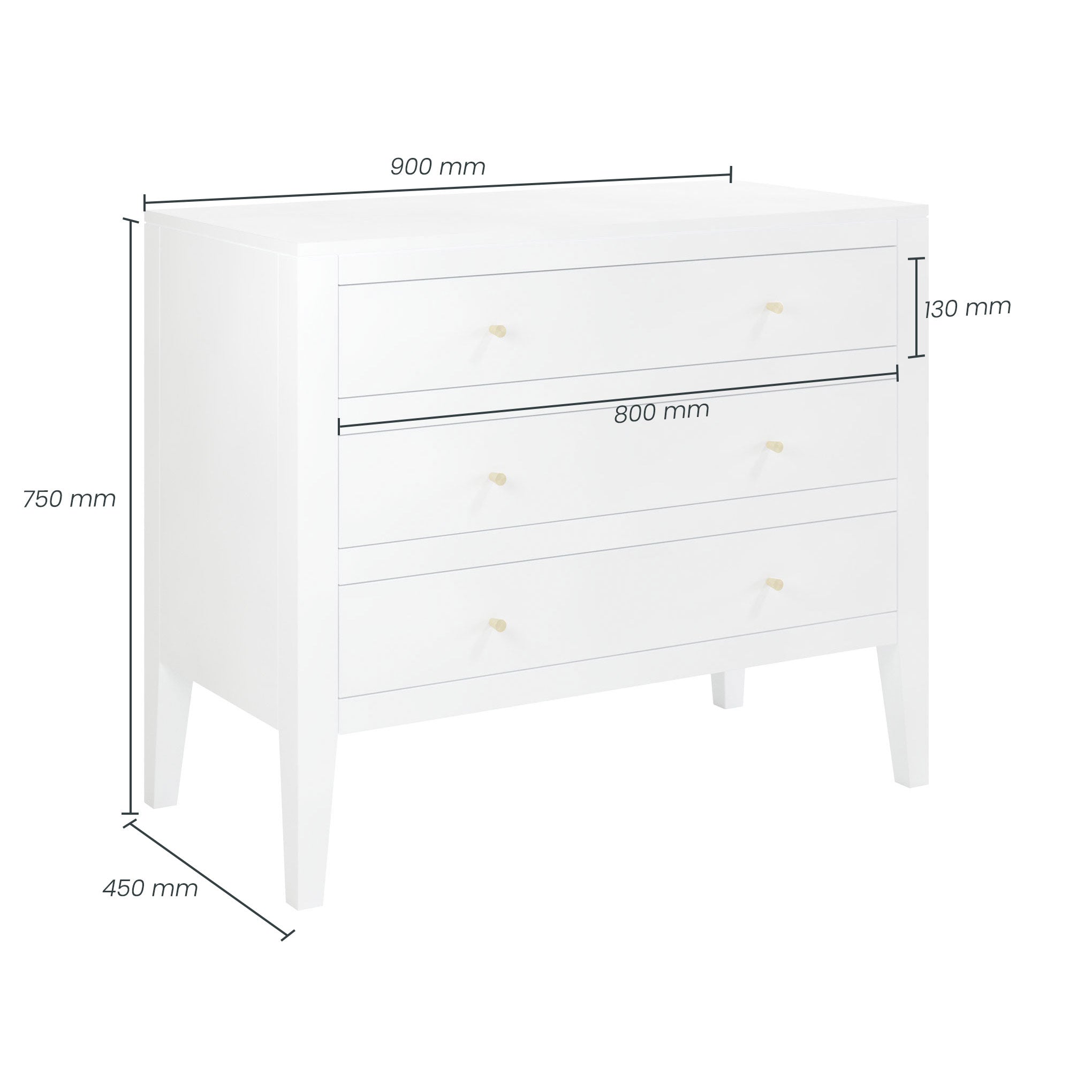 Alton white chest of drawers with three drawers tapered legs brass style handles