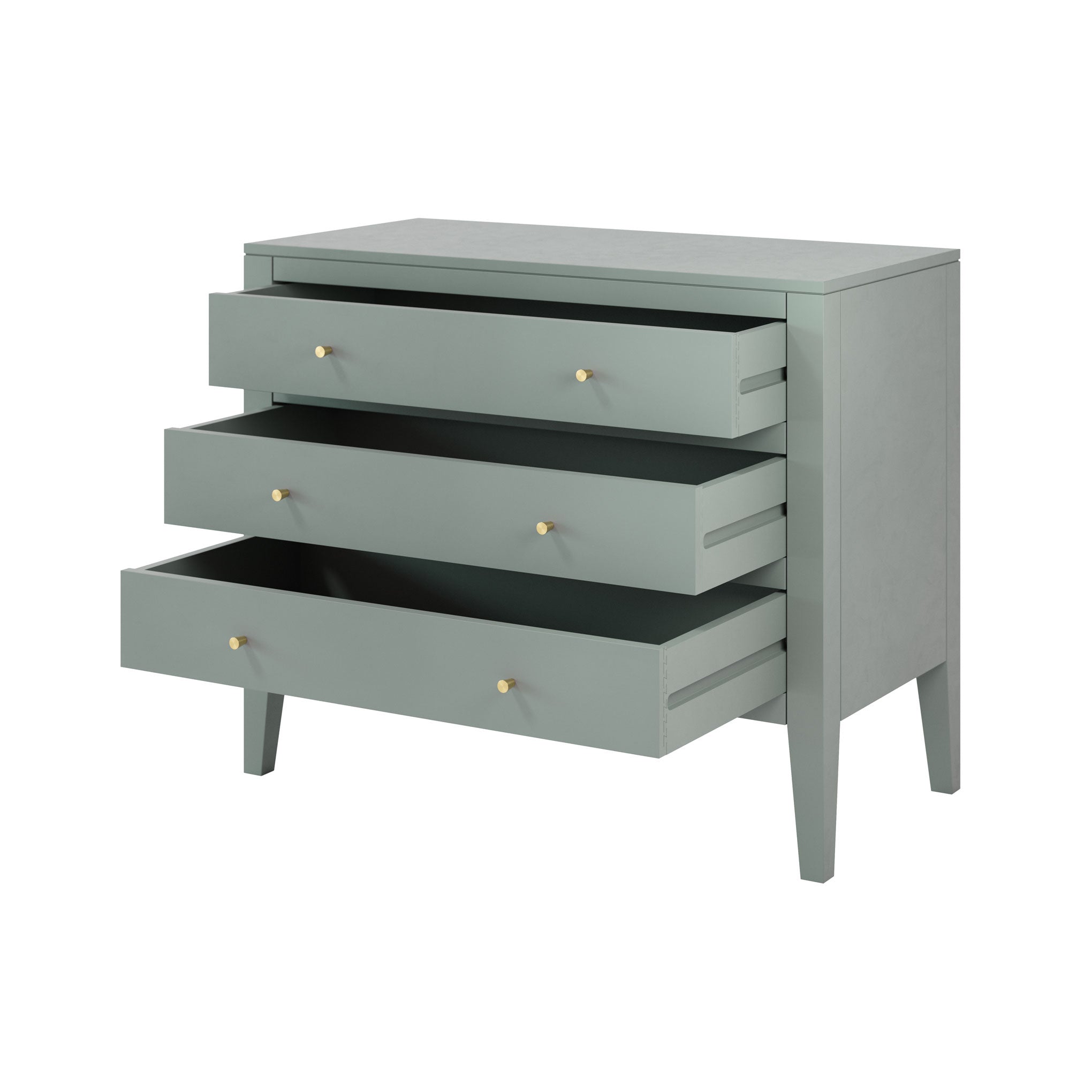 Alton pigeon grey chest of drawers with three drawers tapered legs brass style handles
