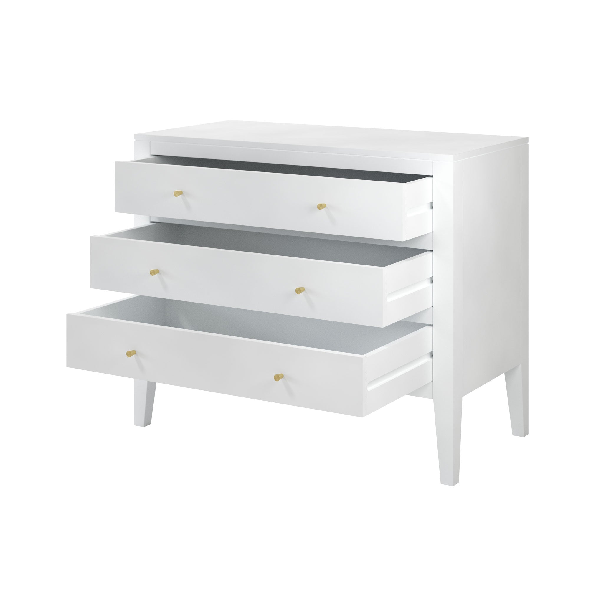 Alton white chest of drawers with three drawers tapered legs brass style handles