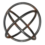 Three metal rings, intertwined in a sphere