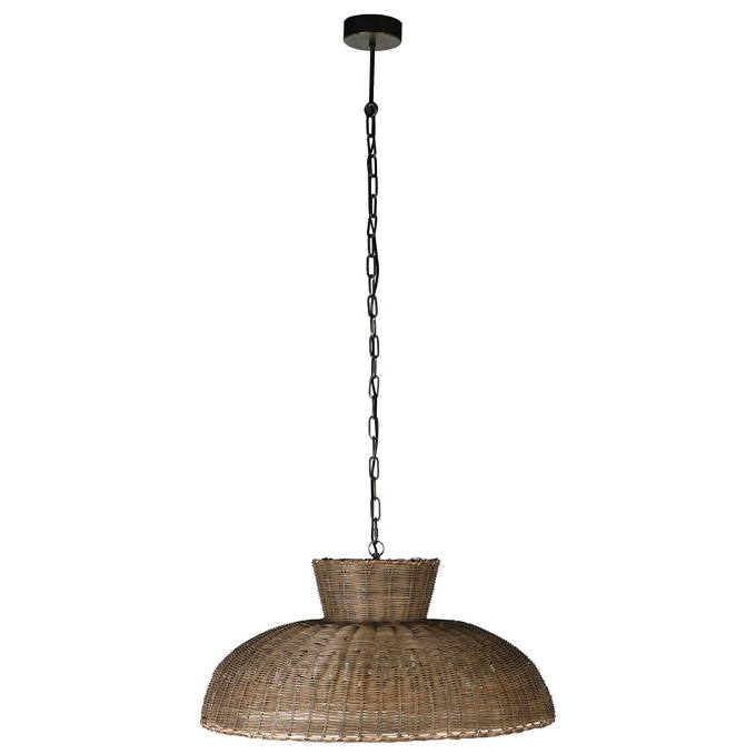 Full view of Caledonia rattan pendant light with hanging black chain
