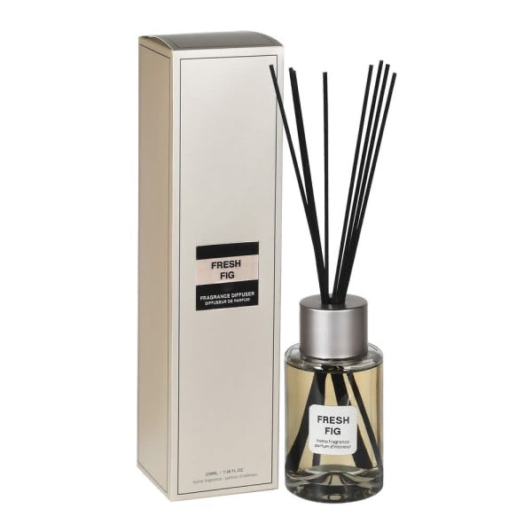 Fresh Fig reed diffuser with glass bottle and black reeds beside packaging