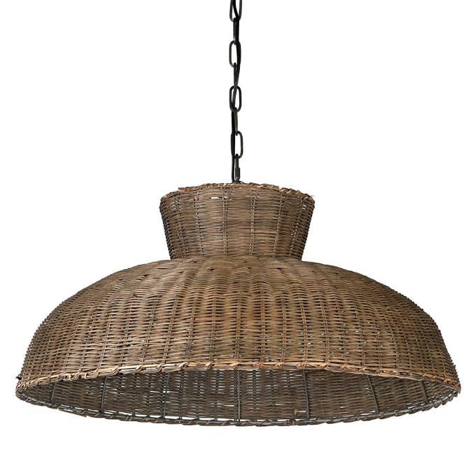 Natural wicker dome pendant light with flared top and open weave pattern
