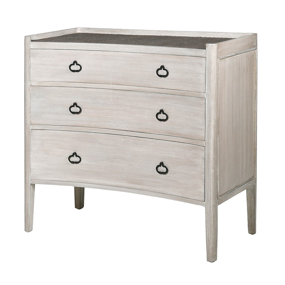 Whitewashed durian wood chest of drawers with three large drawers and black metal handles