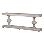 Large acacia wood console table supported by two balustrades