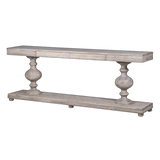 Large acacia wood console table supported by two balustrades