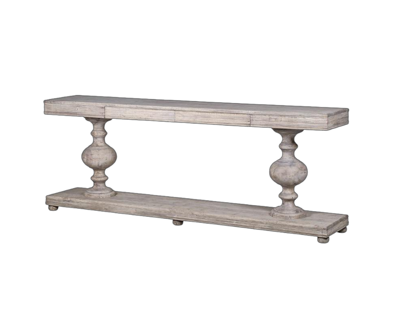 Large acacia wood console table supported by two balustrades