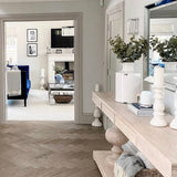 Large acacia wood console table supported by two balustrades