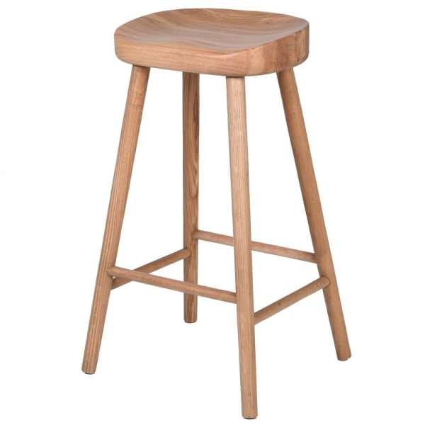 A simple wooden stool with a smooth finish and a flat seat, constructed from oak wood, with visible grain patterns.