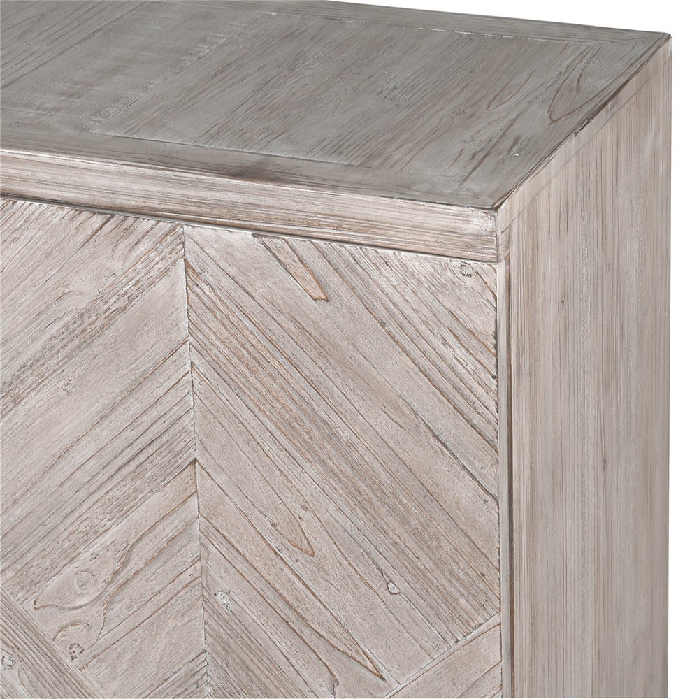 Close-up of parquet pattern on fir wood sideboard