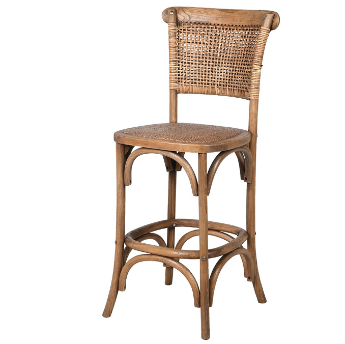 Rustic Rattan Back Wooden Bar Stool – Handcrafted High Chair with Woven Seat