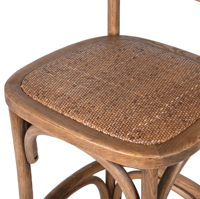 Rustic Rattan Back Wooden Bar Stool – Handcrafted High Chair with Woven Seat close up of seat