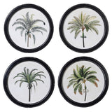 A set of four palm framed wall art pieces complete in a distressed black round wooden frame.