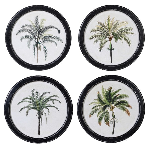 A set of four palm framed wall art pieces complete in a distressed black round wooden frame.