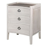 stunning three drawer bedside table in a white wash with a rattan finish.