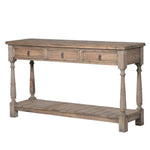 Three-drawer console table made from reclaimed, weathered pine