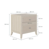 View showing the dimensions of the bedside table. H 500mm W 520mm D 400mm