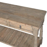 Three-drawer console table made from reclaimed, weathered pine