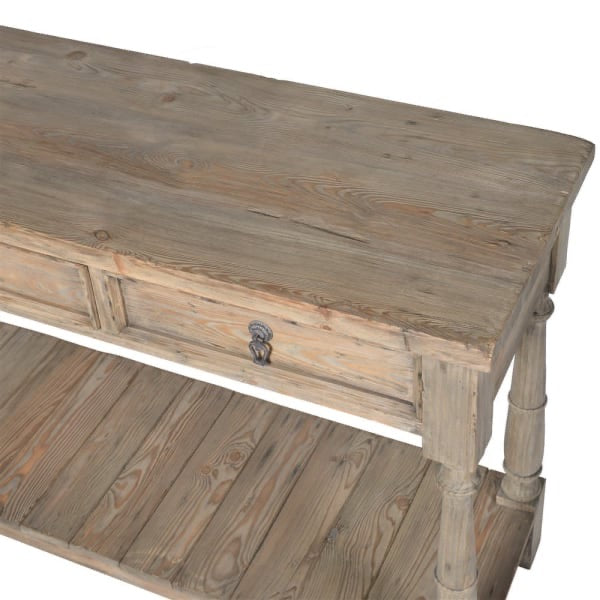 Three-drawer console table made from reclaimed, weathered pine