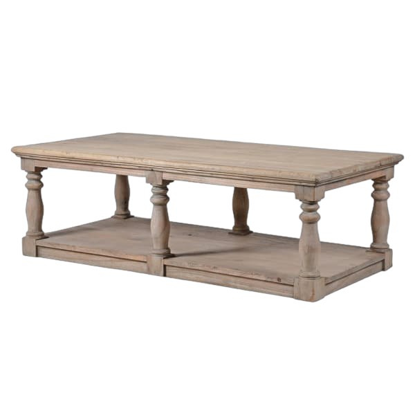 This stylish coffee table is crafted from beautiful weathered reclaimed pine. The balustrade leg detail adds timeless charm to any living area. Perfect for any modern or rustic décor.
