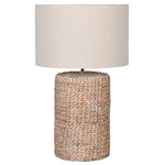 A fabulous Statement Lamp with a chunky rope effect base in natural tones topped with a neutral oatmeal lampshade.