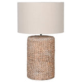 A fabulous Statement Lamp with a chunky rope effect base in natural tones topped with a neutral oatmeal lampshade.