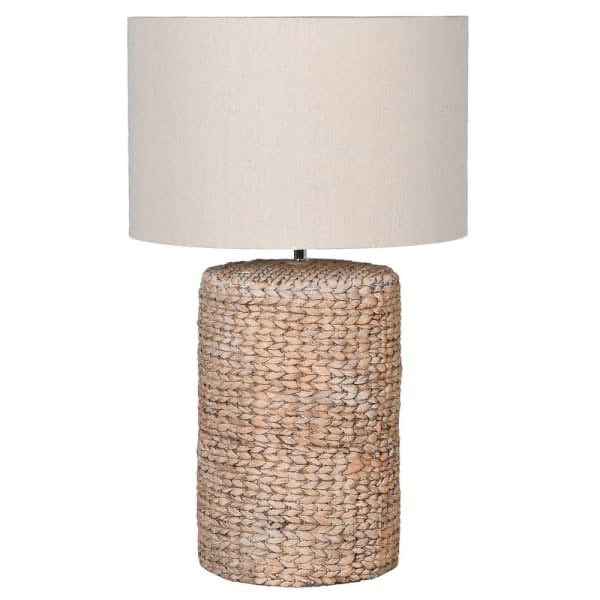 A fabulous Statement Lamp with a chunky rope effect base in natural tones topped with a neutral oatmeal lampshade.