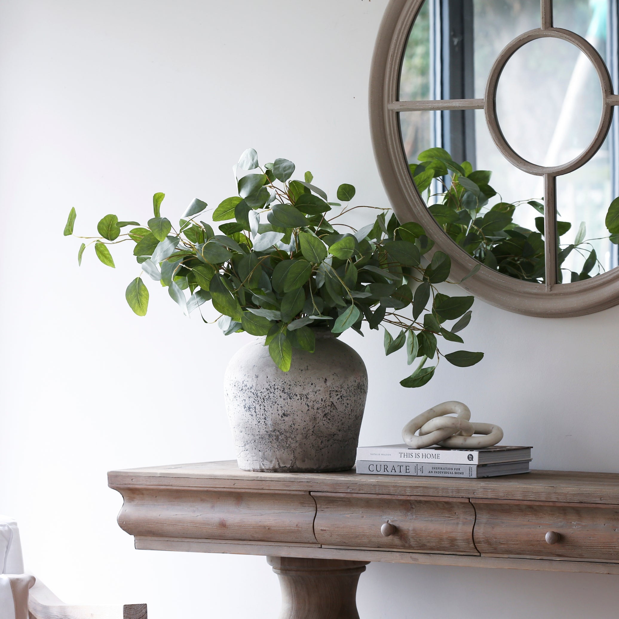 Limewashed Round Window Mirror, featuring a circular design and exquisite limewashed finish