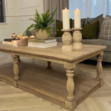 This stylish coffee table is crafted from beautiful weathered reclaimed pine. The balustrade leg detail adds timeless charm to any living area. Perfect for any modern or rustic décor.